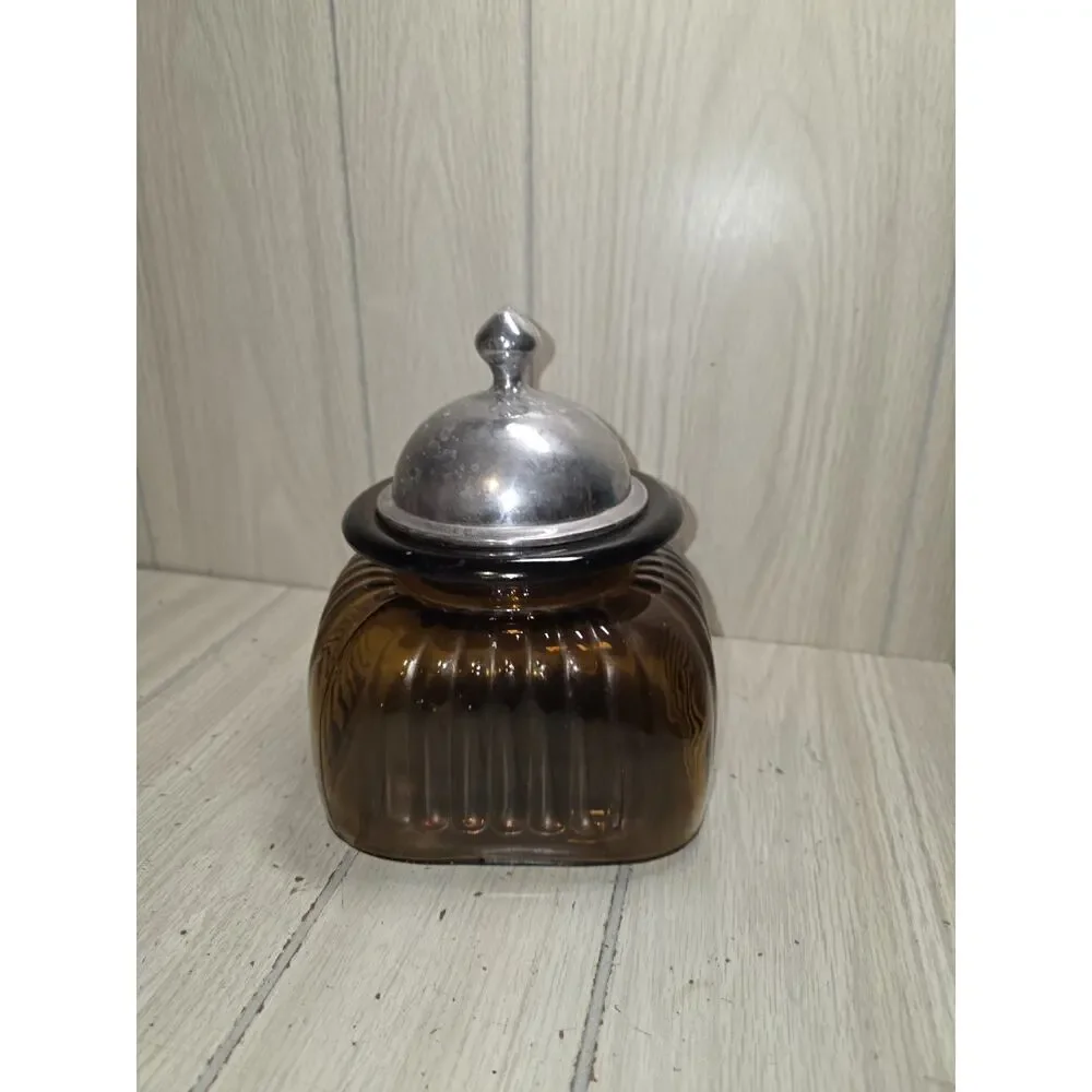 Vintage Artland Ribbed Glass Canister Jar 10” Amber Brown Pewter Lid Apothecary